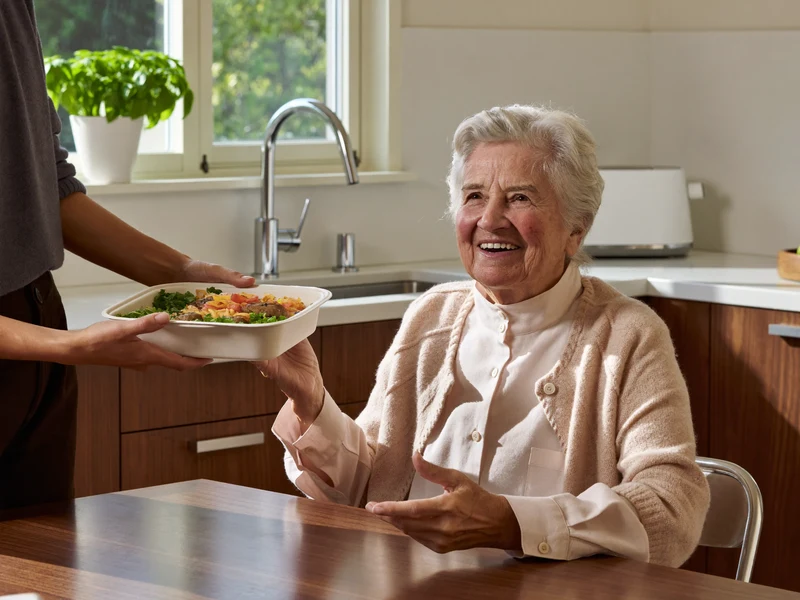 Illustration: an older woman smiling at her kitchen table as a volunteer hands over a covered hot meal