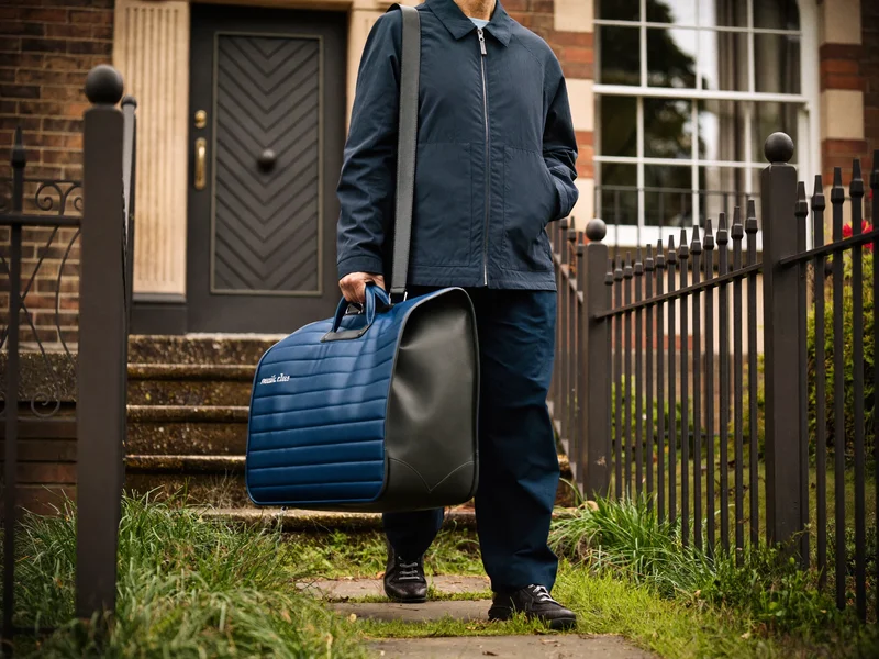 Illustration: a volunteer carrying an insulated meal bag up a terraced-house path in South Wales