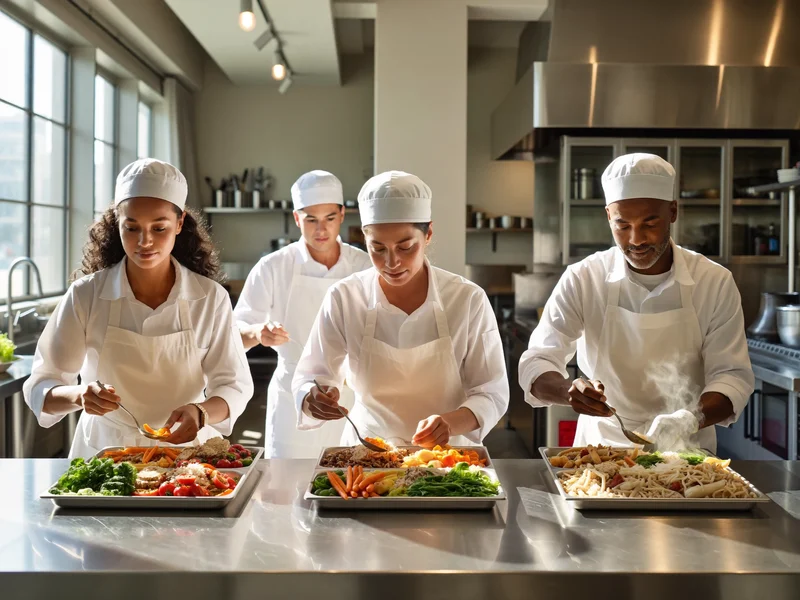 Illustration: community kitchen workers portioning hot meals into trays along a steel counter