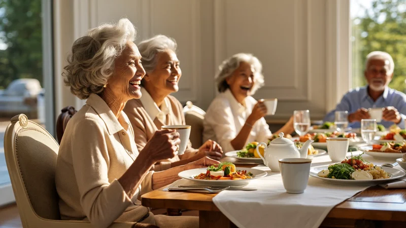 Illustration: older neighbours sharing a meal and tea around a table in a community hall